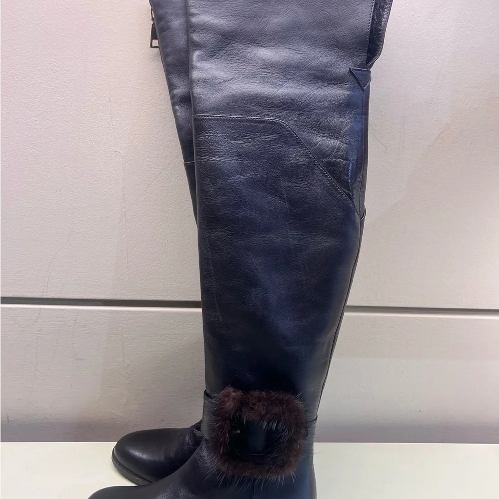 Marino Fabiani Sleek Black and brown Over the Knee leather Boots fur cuff NWT